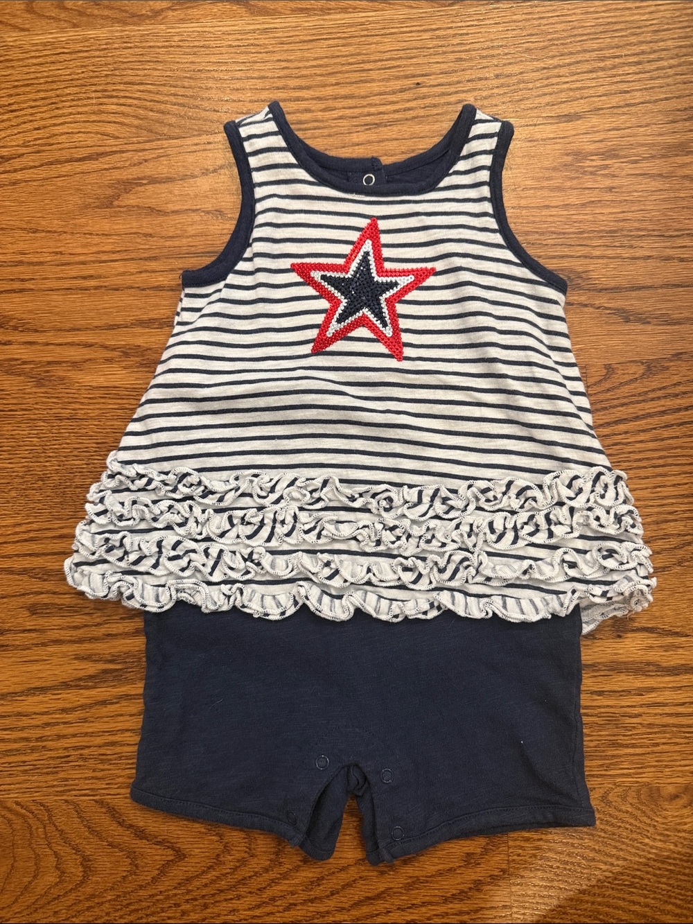 Koala Kids Navy, White & Red Star Stripe Ruffle One-Piece
